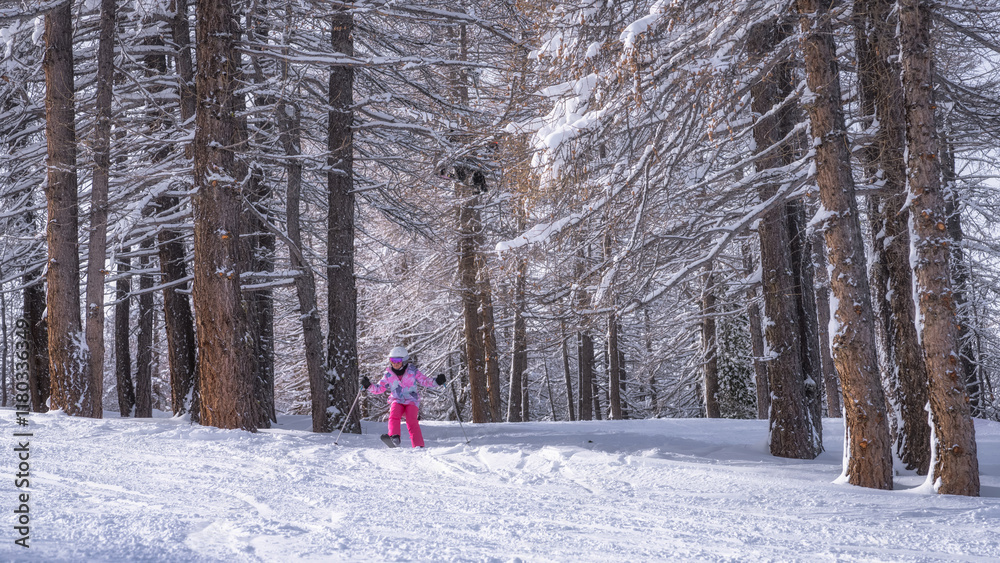 A joyful child dressed in a delightful pink winter outfit excitedly plays in a serene, snowy forest, joyfully surrounded by tall trees that are gracefully covered in soft, glistening snow A joyful child dressed in a delightful pink winter outfit excitedly plays in a serene, snowy forest, joyfully surrounded by tall trees that are gracefully covered in soft, glistening snow