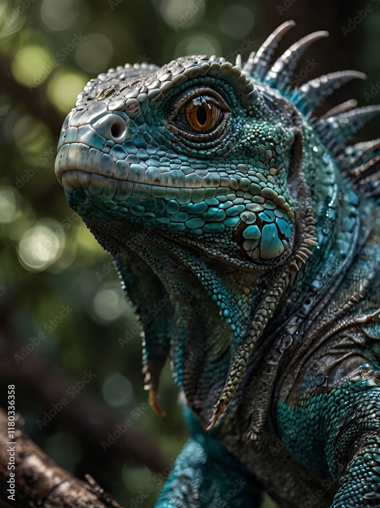Fototapeta premium Detailed portrait of a brightly colored iguana with highlights on its scales.