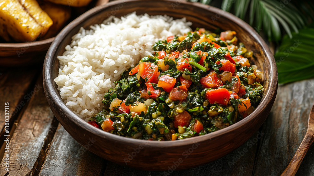 Vegetable stew with rice in wooden bowl on rustic table Vegetable stew with rice in wooden bowl on rustic table