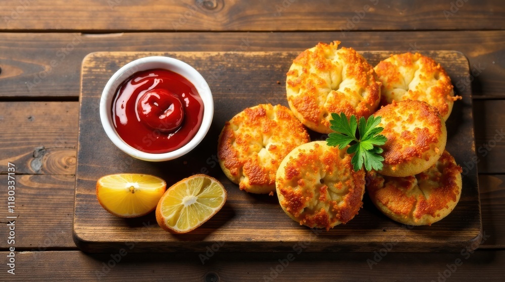 custom made wallpaper toronto digitalGolden-brown fried patties served with a side of tomato sauce and lemon wedges on a wooden board