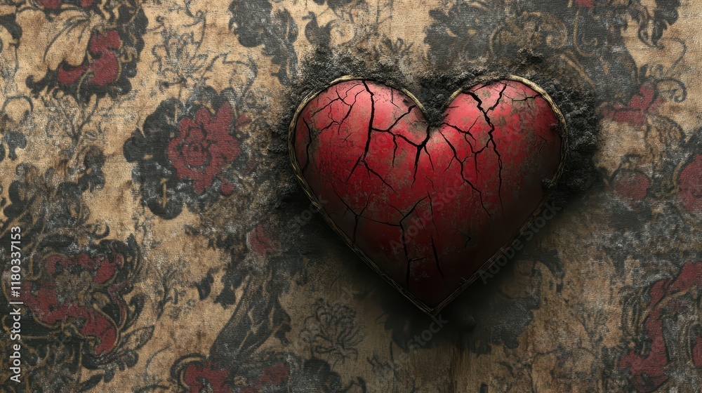 A Cracked Red Heart Against Floral Tapestry A Cracked Red Heart Against Floral Tapestry