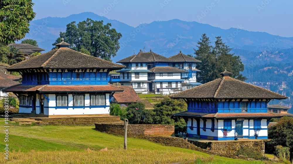 Traditional houses on a hillside; peaceful rural scene; possible use for travel/tourism. Traditional houses on a hillside; peaceful rural scene; possible use for travel/tourism.