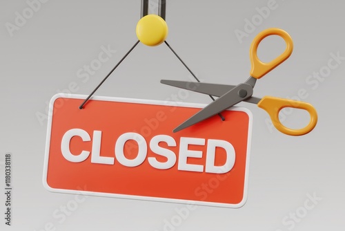 Scissors cutting a 'Closed' sign, symbolizing business closure or temporary shutdown. photo