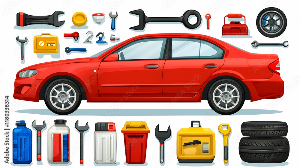 Naklejka premium Red car with car repair tools and supplies on white background. Possible use automotive repair guide, workshop, maintenance, infographic.
