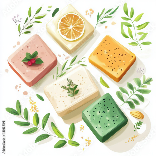 Handmade soap bars with natural ingredients. Wellness eco sustainable concept. Modern vector illustration. White background.