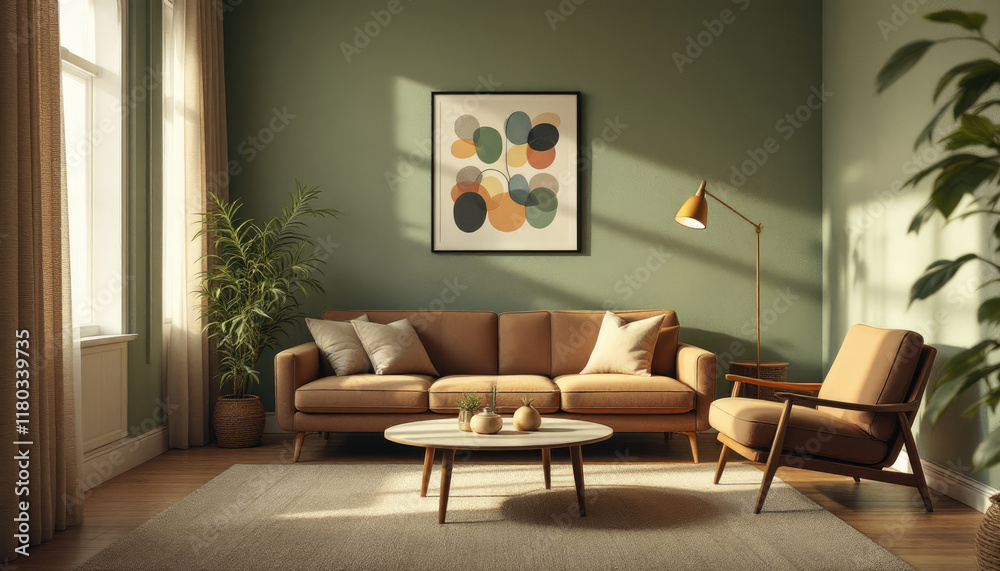 Art deco interor living room with a large window, curtains, a sofa, a coffee table, and a record player. Art deco interor living room with a large window, curtains, a sofa, a coffee table, and a record player.