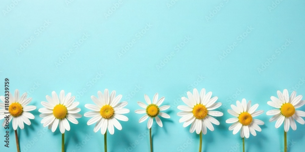 Obraz premium Serene row of daisies on a light blue background, perfect for spring or summer designs