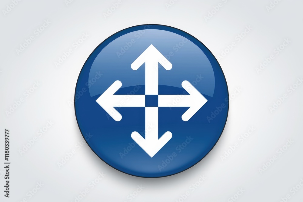 A blue circular button displays four white arrows pointing in all four directions, symbolizing movement and multidirectional flow. A blue circular button displays four white arrows pointing in all four directions, symbolizing movement and multidirectional flow.
