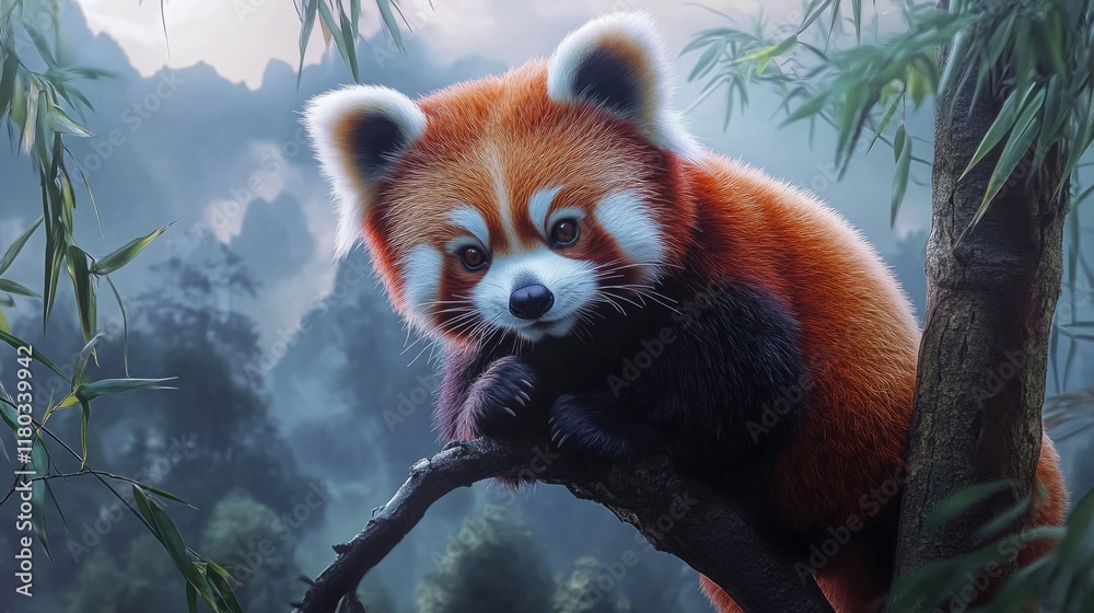 chubby red panda, sitting on a tree branch, surrounded by bamboo leaves, misty mountain background, generative ai chubby red panda, sitting on a tree branch, surrounded by bamboo leaves, misty mountain background, generative ai
