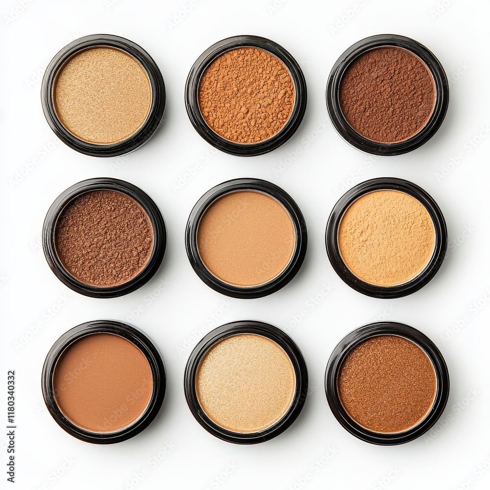 Nine round containers filled with various shades of brown and beige powders, arranged in a grid pattern for makeup application. Nine round containers filled with various shades of brown and beige powders, arranged in a grid pattern for makeup application.