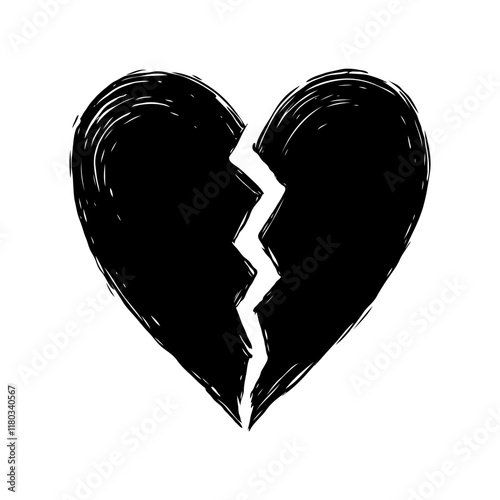 Black broken heart with a rough texture on a white background, symbolizing heartbreak, sadness, and emotional pain