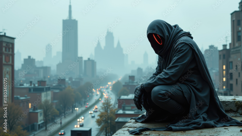Fototapeta premium A lone AI with glowing eyes perched on a rooftop overlooking a cityscape at night.