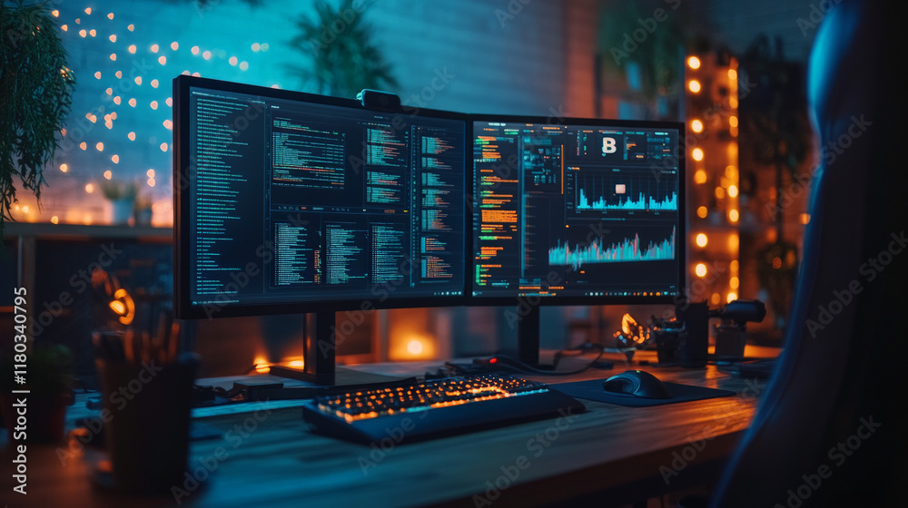 A high-tech cryptocurrency mining rig with multiple GPUs running, displaying digital currencies and transaction data on a screen in a dimly lit room A high-tech cryptocurrency mining rig with multiple GPUs running, displaying digital currencies and transaction data on a screen in a dimly lit room
