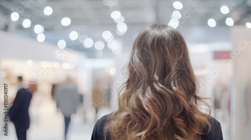 Blurred defocused bokeh background of exhibition hall or convention center hallway. Business trade show modern white interior architecture. Abstract blur modern business office backgroundBlurred photo