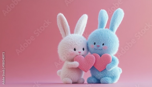 Two 3d Plush Bunny Doll Love Bunnies Light Blue Boy Girl Holding Pink Heart Valentine's Day Greeting Card