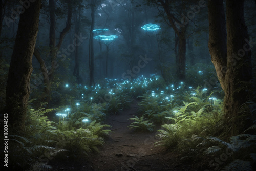 A dense, futuristic forest teeming with bioluminescent flora casting a soft, ethereal glow. Robotic wildlife, designed to mimic extinct species.