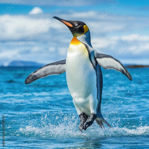 A penguin leaping out of the water, mid-jump