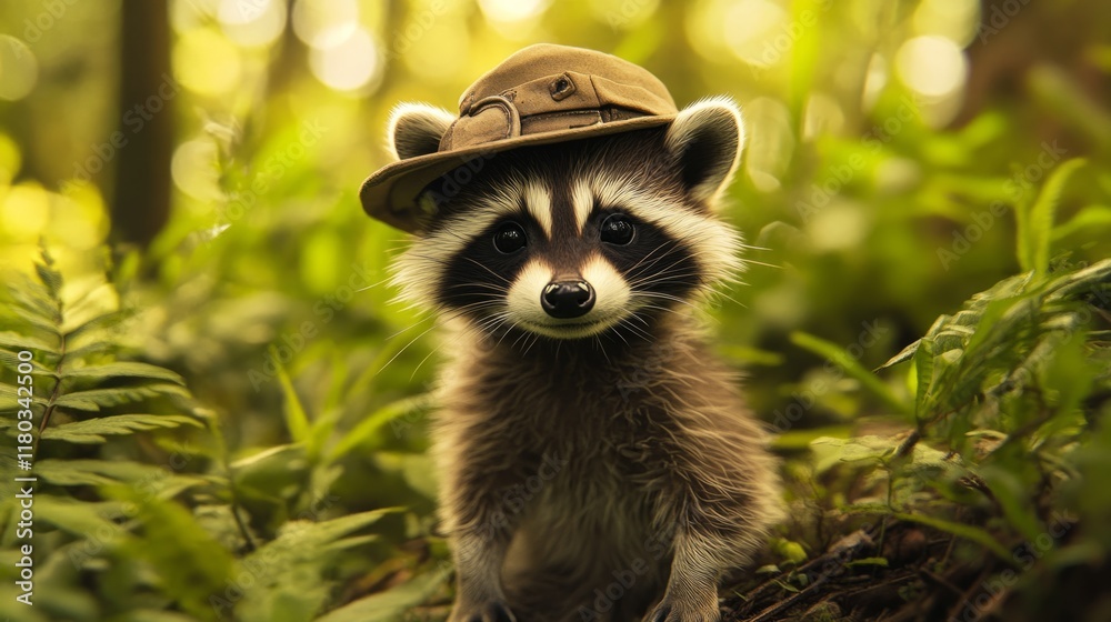 Fototapeta premium raccoon wearing a small explorer hat, surrounded by forest vegetation, generative ai