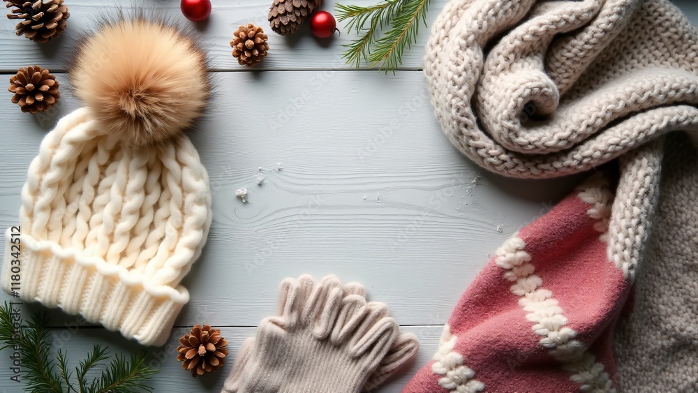 Fototapeta premium Warm winter accessories on rustic wood: knitted hat, woolen gloves, and cozy scarf. Neutral tones with festive accents, surrounded by pinecones and snow, evoke seasonal comfort and style.