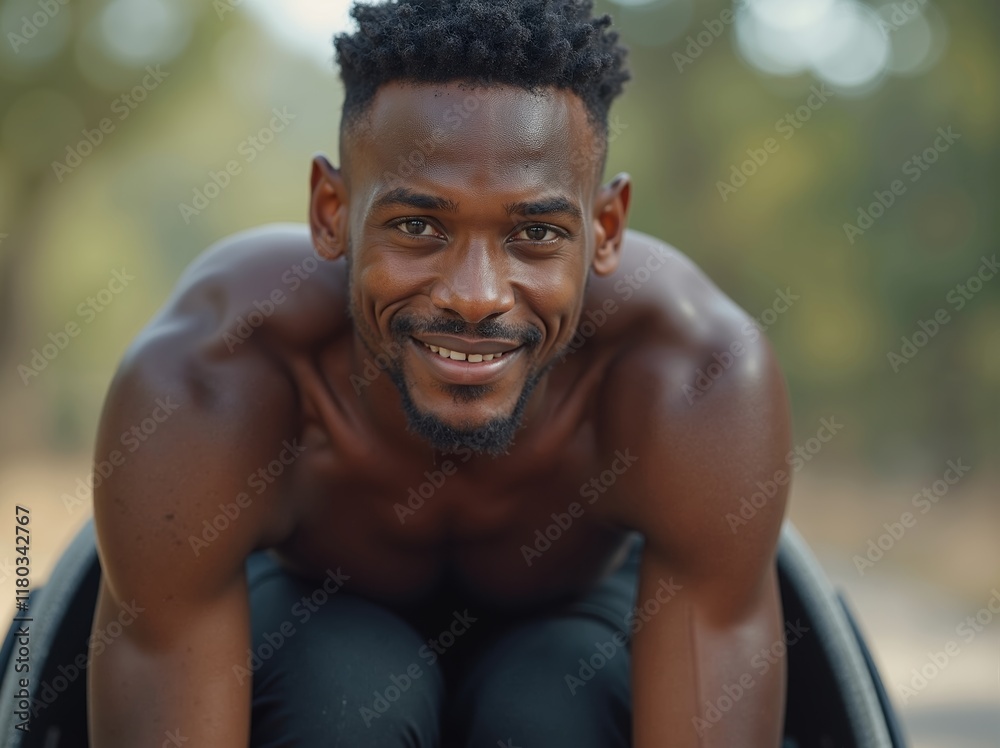 Man smiling while practicing wheelchair sports in a sunny outdoor environment during early afternoon Man smiling while practicing wheelchair sports in a sunny outdoor environment during early afternoon