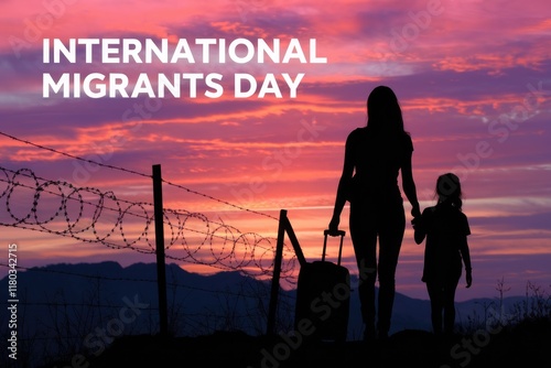 Silhouette of a mother and daughter migrating at sunset, symbolizing International Migrants Day. photo