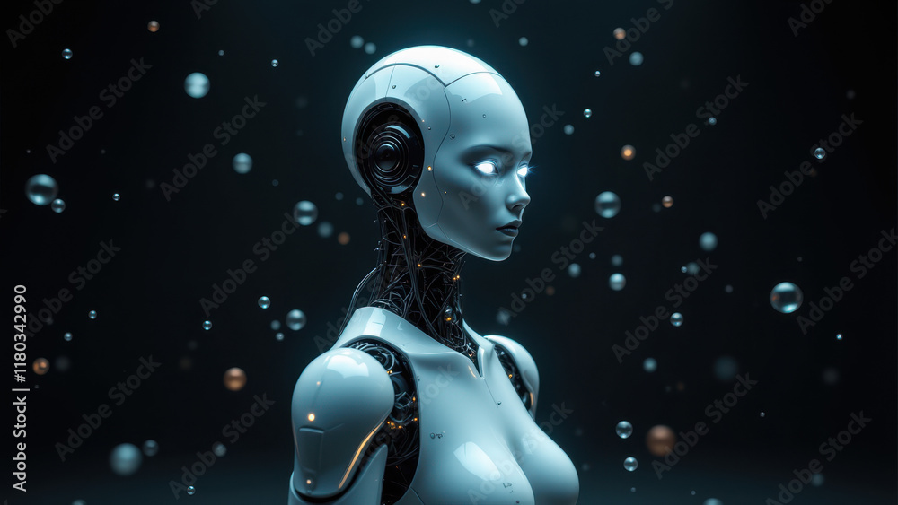 Advanced AI robot with human-like features and water droplets floating around her. Advanced AI robot with human-like features and water droplets floating around her.