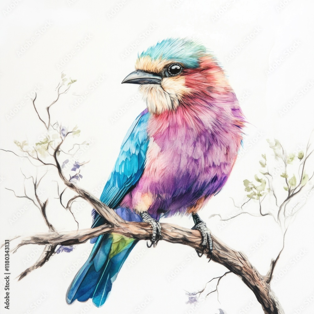 Fototapeta premium A colorful bird sits on a branch of a tree, surrounded by foliage