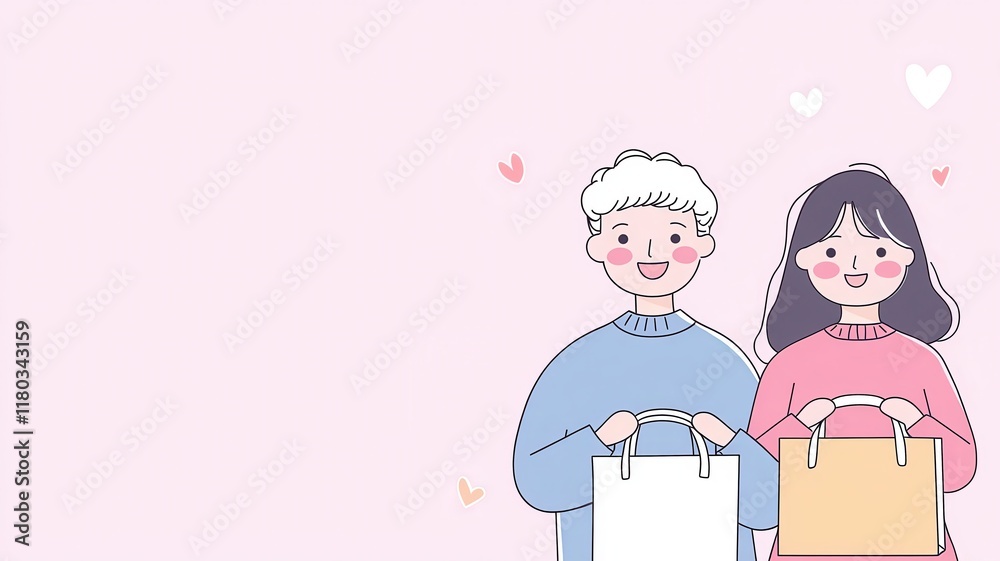 A cheerful illustration of a couple holding shopping bags against a soft pink background, radiating happiness and connection. A cheerful illustration of a couple holding shopping bags against a soft pink background, radiating happiness and connection.