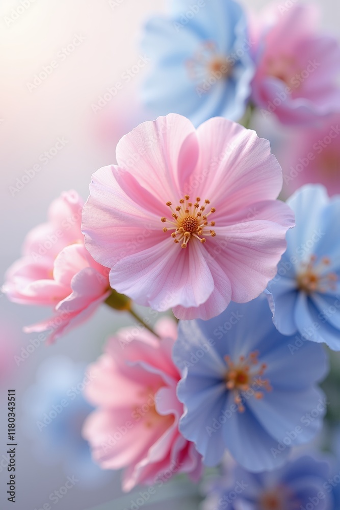Beautiful pink and blue flowers blooming in soft morning light, creating a serene and colorful garden atmosphere Beautiful pink and blue flowers blooming in soft morning light, creating a serene and colorful garden atmosphere