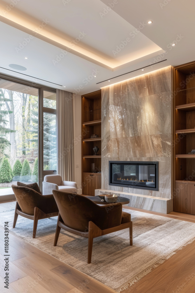 Fototapeta premium Chic minimalist living room design featuring modern elements and sleek aesthetics