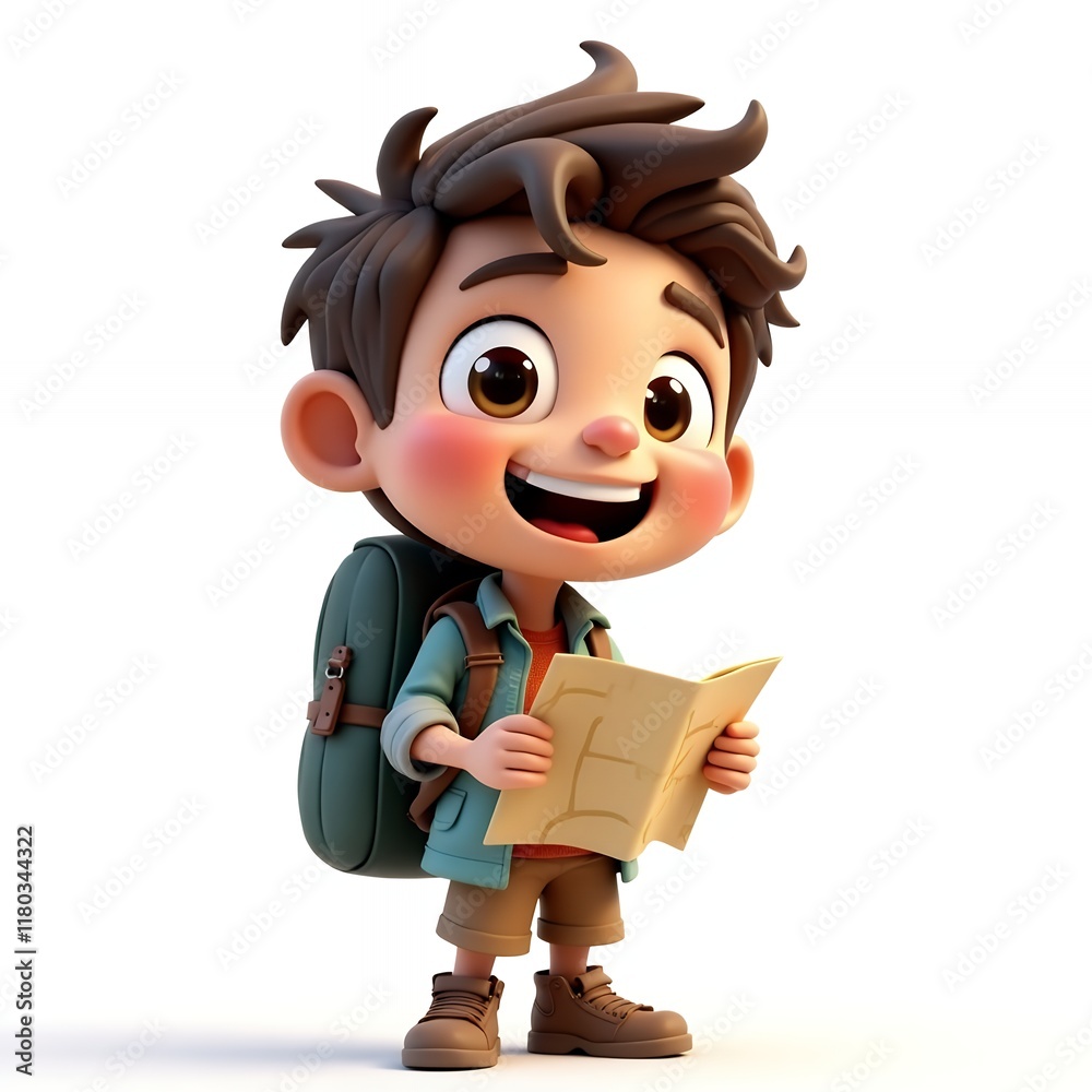 Adorable Cartoon Boy on an Adventure with a Map