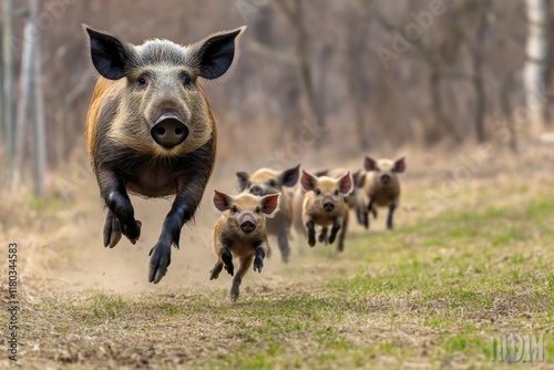 A group of pigs are seen running down a dirt road, creating a fun and playful scene photo