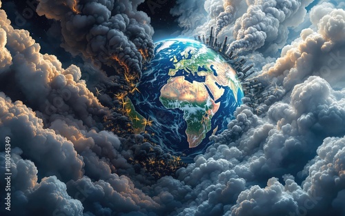 Fototapeta Naklejka Na Ścianę i Meble -  Earth with Cityscape in Smoke, Pollution, Climate Change, Global Warming