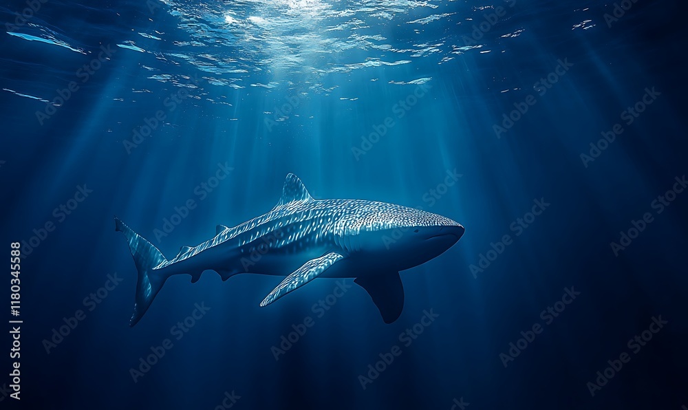 Fototapeta premium A serene underwater scene featuring a whale shark swimming gracefully.