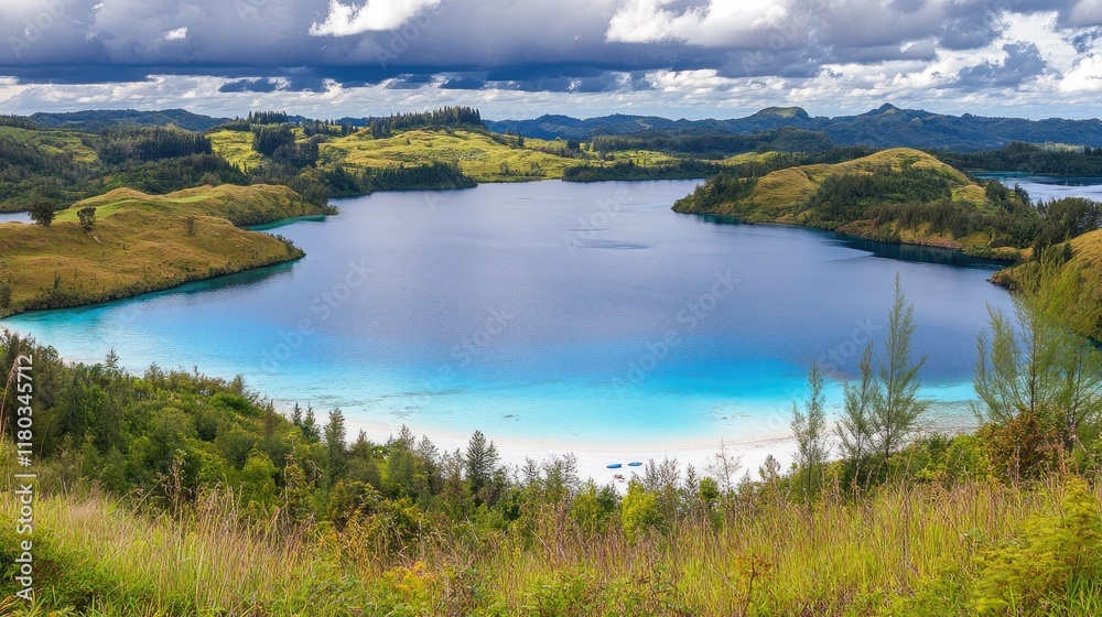 Tropical lake nestled in lush hills, scenic view, tranquil scene, possible use for travel brochure. Tropical lake nestled in lush hills, scenic view, tranquil scene, possible use for travel brochure.