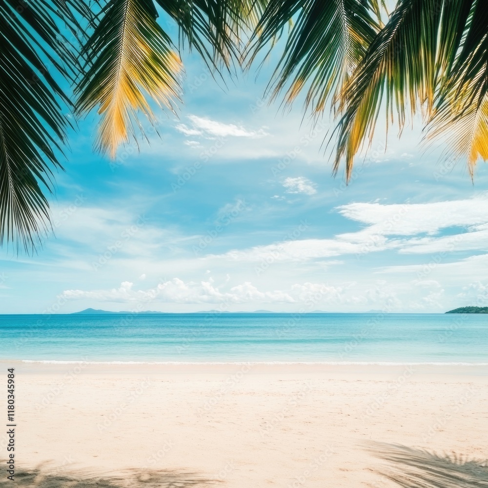 Coastal scene with palm tree and blue ocean, perfect for travel or beach-themed projects Coastal scene with palm tree and blue ocean, perfect for travel or beach-themed projects