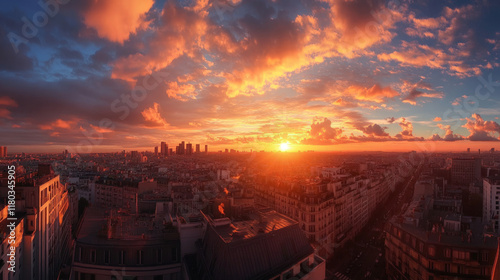 A panoramic view of a city skyline from a rooftop, with golden hour sunlight casting long shadows over the buildings and the sky glowing warm photo