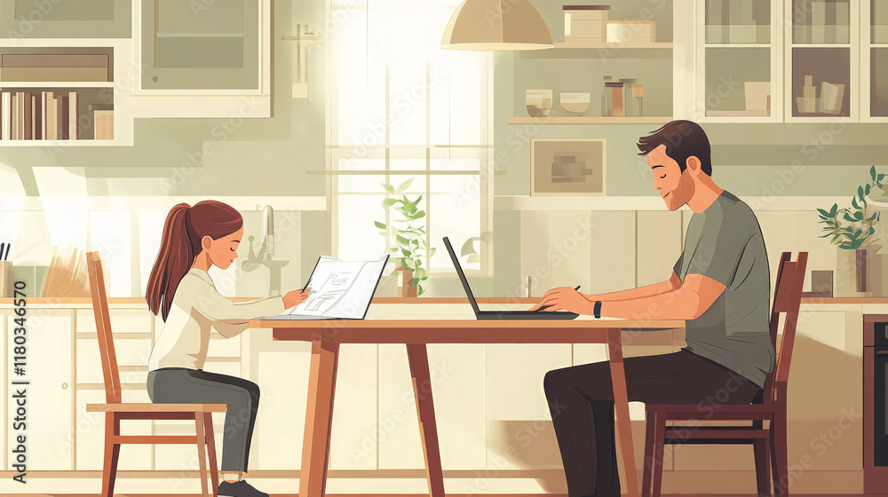 A parent working on a laptop at the kitchen table, with a child drawing nearby, both engaged in their activities in a calm home environment A parent working on a laptop at the kitchen table, with a child drawing nearby, both engaged in their activities in a calm home environment