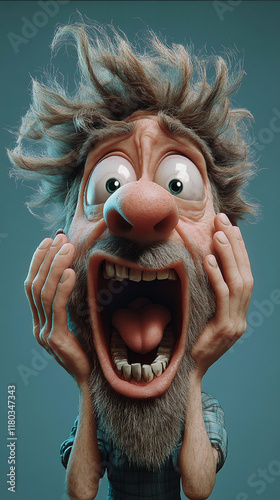 Cartoonish Man Expressing Extreme Stress and Panic. Generative AI.