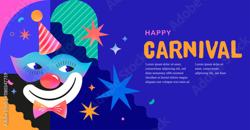 Carnival, Purim and circus banner background with colorful clown mask