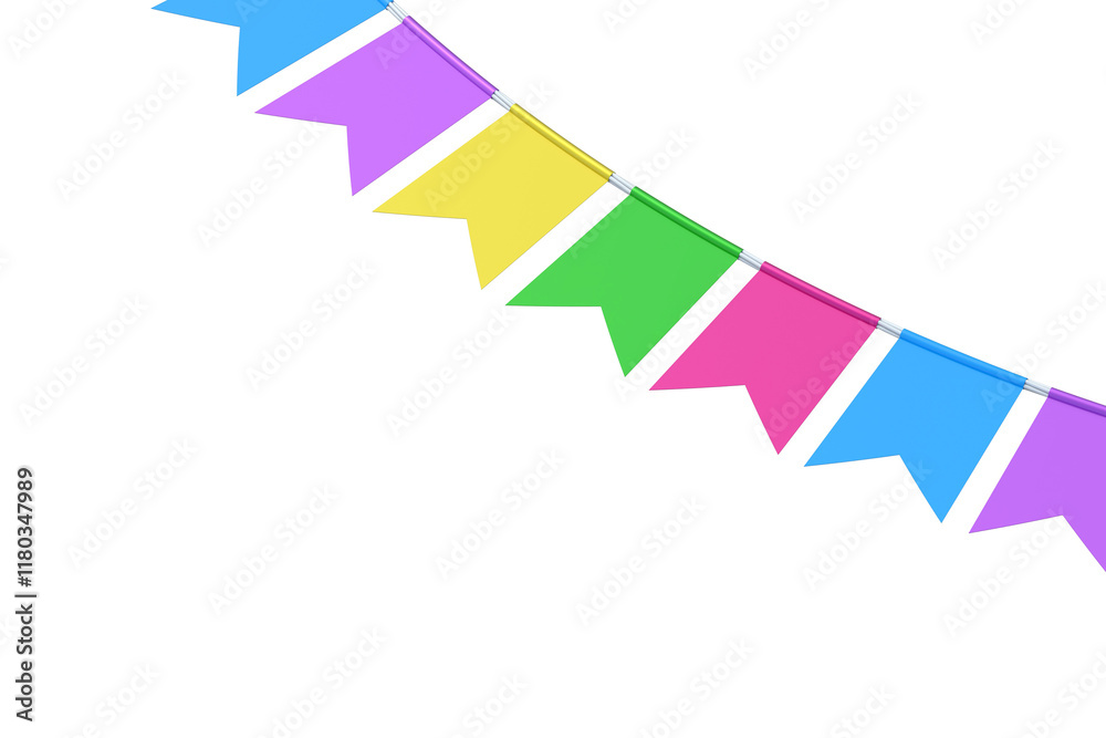 Obraz premium Flag garland for party isolated on white background. Bunting for celebration. Pennants hanging on rope. 3d render