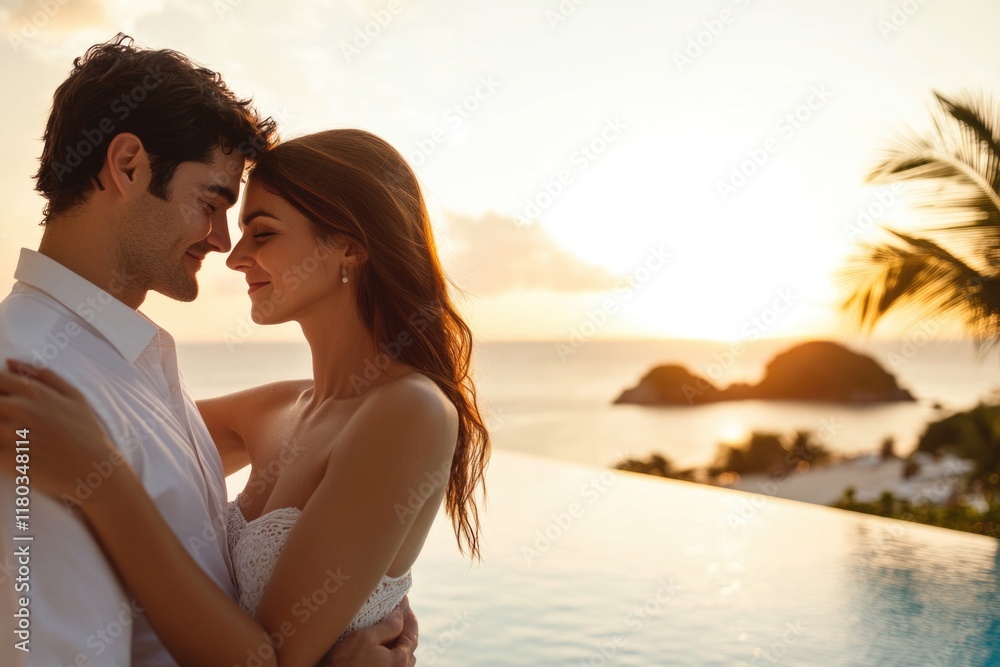 A pair of people enjoying time together near a swimming pool A pair of people enjoying time together near a swimming pool