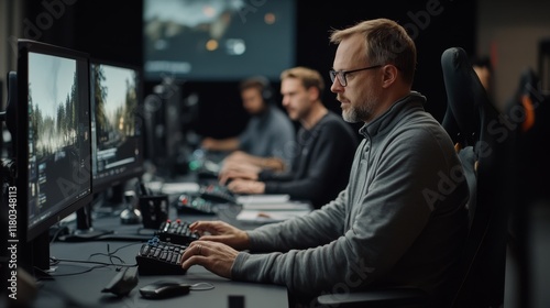 A focused team working intently at computer stations in a dimly lit room, creating a dynamic atmosphere of concentration and teamwork in a tech-driven environment.