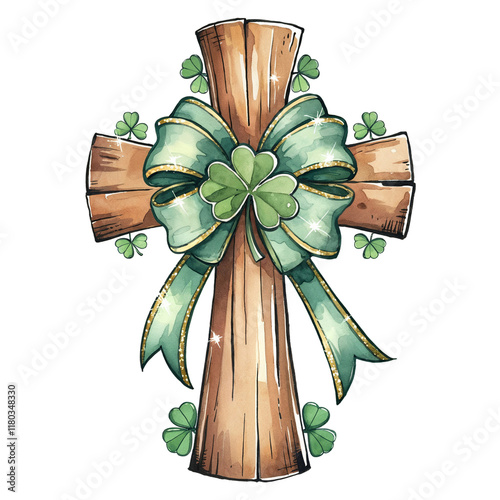 A wooden cross is adorned with a green bow and shamrocks, creating a festive and symbolic design photo