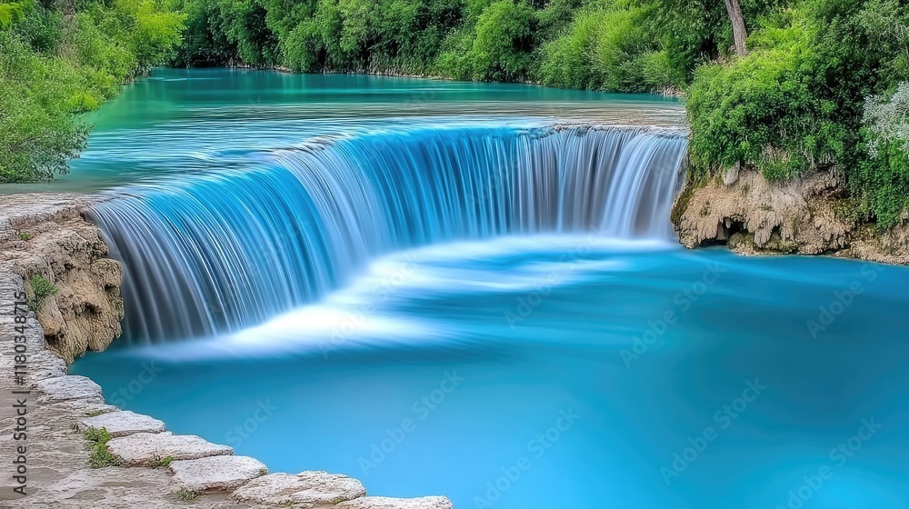Naklejka premium Turquoise waterfall cascading into a pool, lush greenery surrounding it. Possible stock photo use.