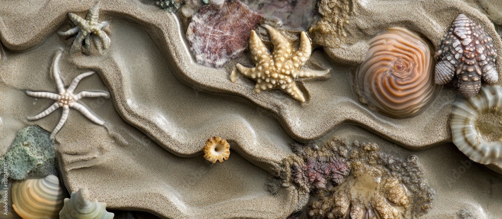 Obraz premium Close up of a sandy beach with seashells and starfish.