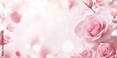 Soft pink background with roses and white space for text, pastel colors, banner design, copy space, banner style, romantic background for a wedding invitation card, light and airy, minimalistic