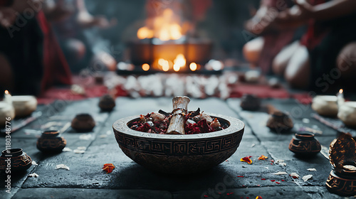 mystical heathen ceremony featuring ceremonial bowl with offerings, surrounded by candles and warm fire, creating enchanting atmosphere
