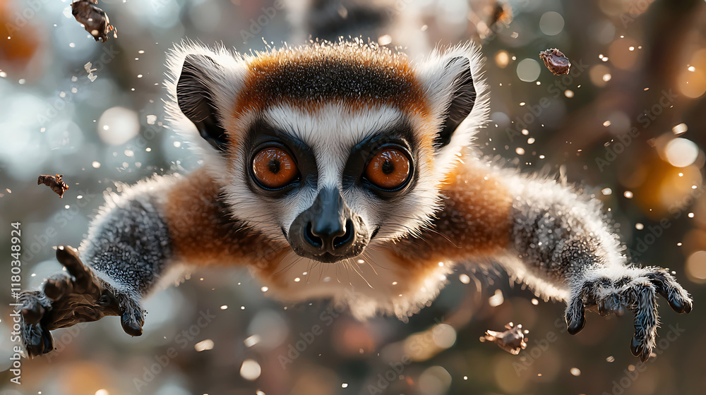 lemur leaps through air, showcasing its vibrant fur and expressive eyes, surrounded by flurry of leaves and particles lemur leaps through air, showcasing its vibrant fur and expressive eyes, surrounded by flurry of leaves and particles