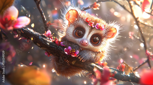 cute loris with big eyes rests on branch adorned with pink flowers, radiating charm and tranquility